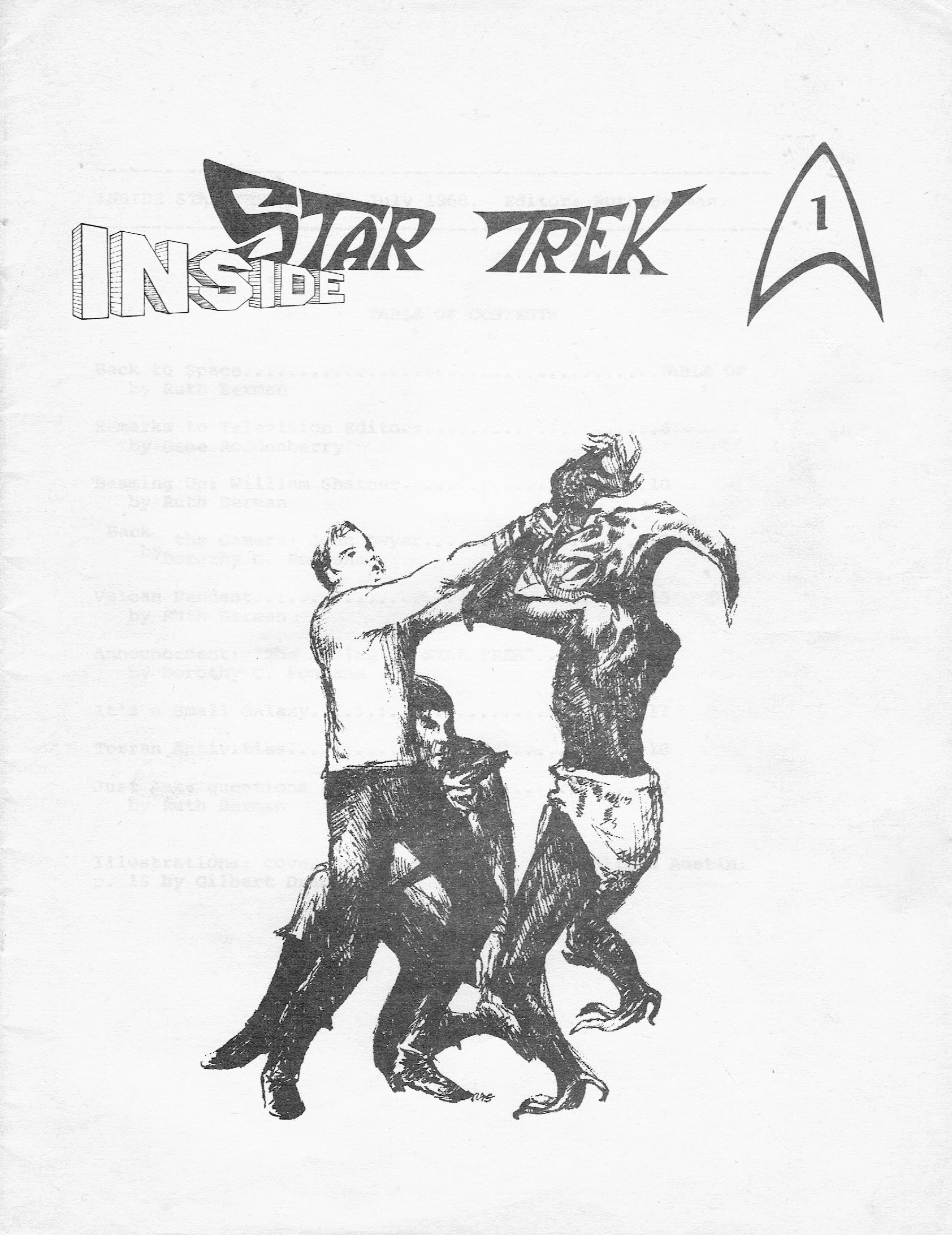 The cover of Inside Star Trek , issue 1, with a drawing of Kirk and Spock fighting an alien.