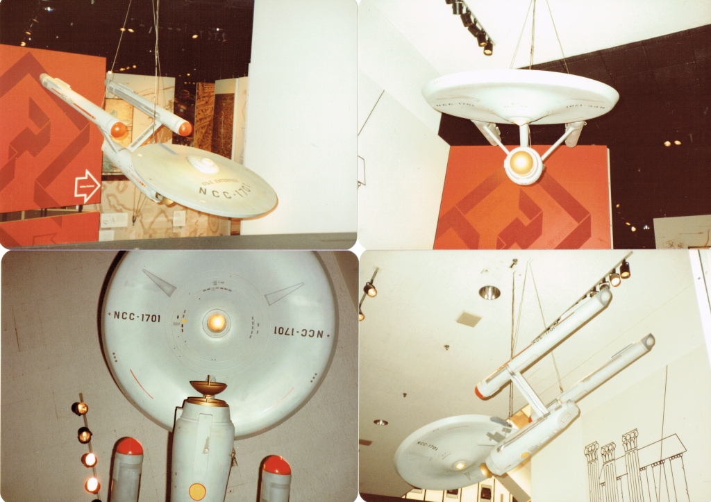 My photos of the Enterprise model hanging from the ceiling of the Smithsonian. There are four small photos of the ship. 
