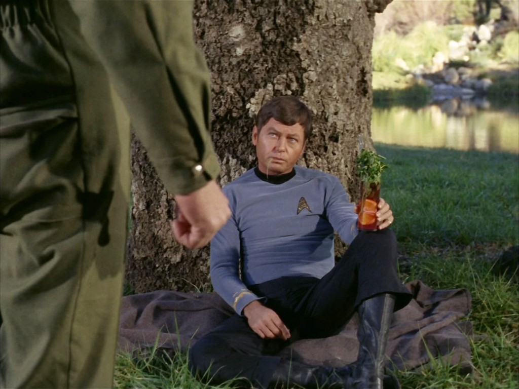 A scene from the Star Trek episode This Side of Paradise. Dr. McCoy is sitting under a tree, mint julep in hand. 