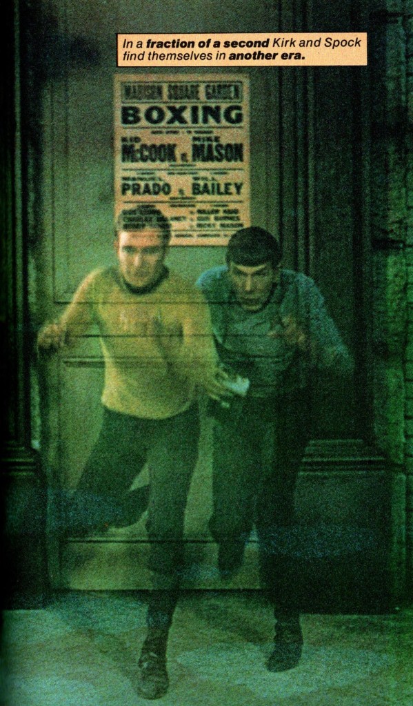 Image from Fotonovel 1, of Kirk and Spock emerging into New York during the Depression.